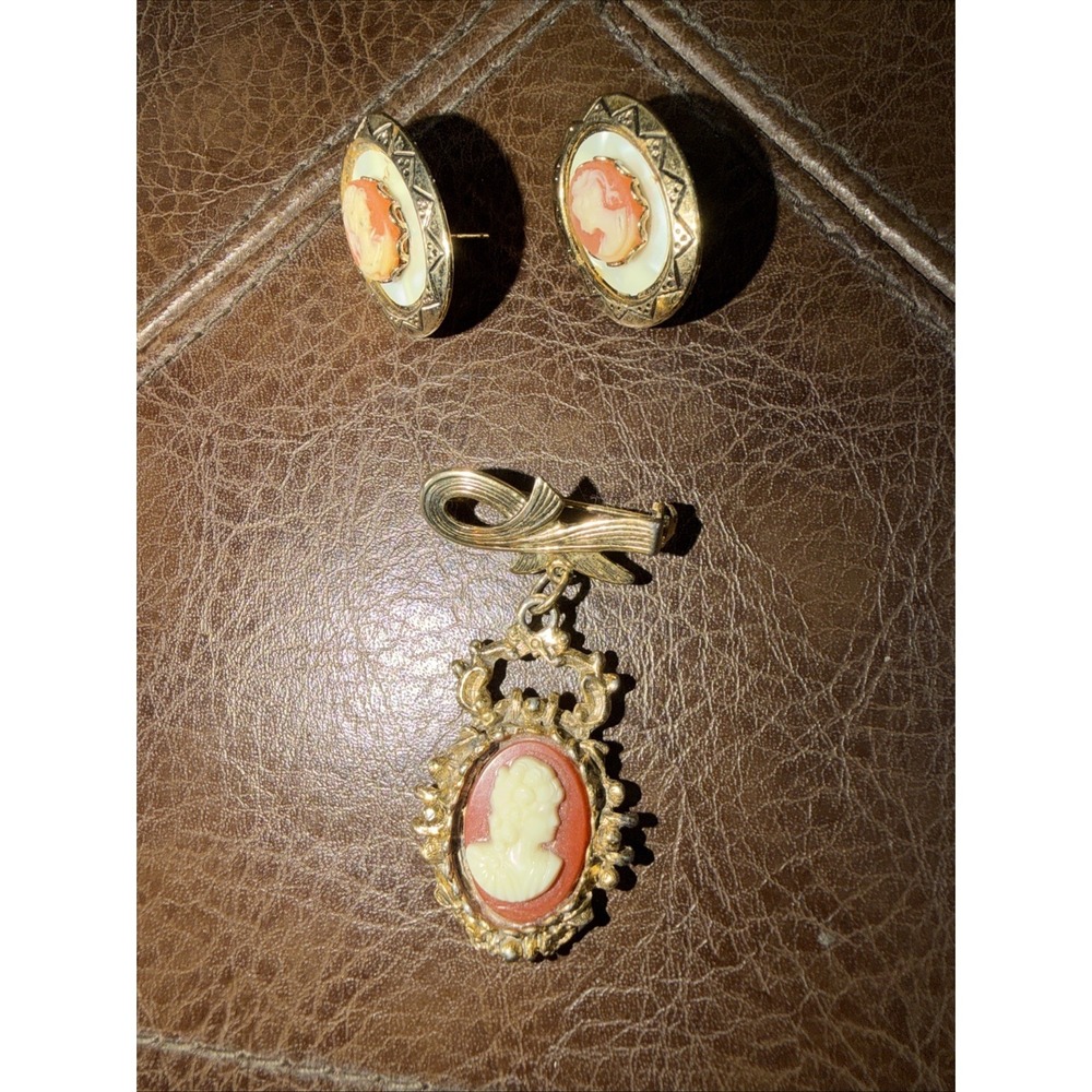 Vintage Salmon Pink‎ Faux Resin Cameo Ribbon Gold Tone Brooch & Oval Earring Set